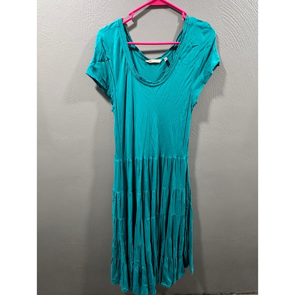 Soft Surroundings Teal Green Tiered Cottagecore Maxi Dress Short Sleeve Boho L